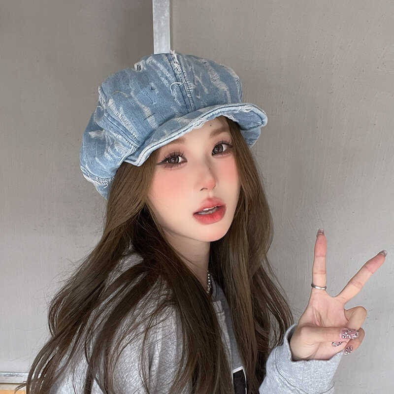 Vintage Distressed Cloud Pattern Beret Hat Acrylic Lightweight Painter Cap With Stripe Cra