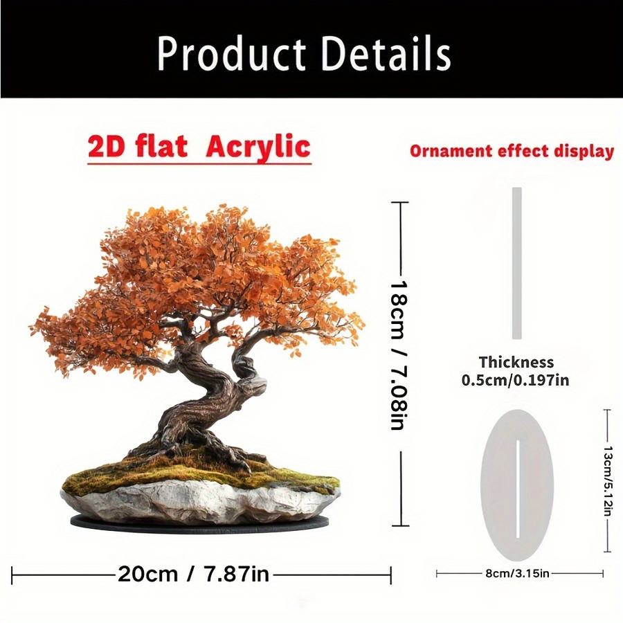 2D Flat Acrylic Bonsai Tree With Golden Leaves Sturdy Stone Base Bohemian-Style De