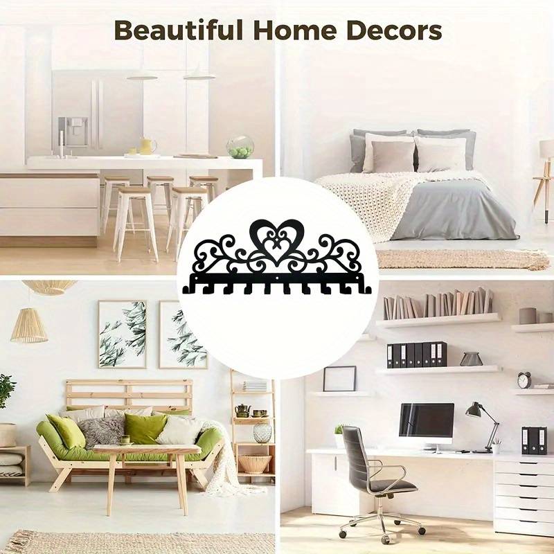 Vintage Heart-Shaped 10-Hook Black Metal Key HolderStylish Wall-Mounted Organizer for K