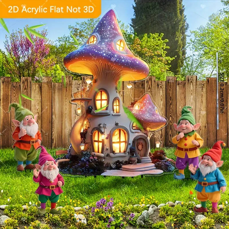2D Flat 5 Pieces Fairy Gnome and Fantasy Mushroom House Acrylic Bohemian Garden Decoration