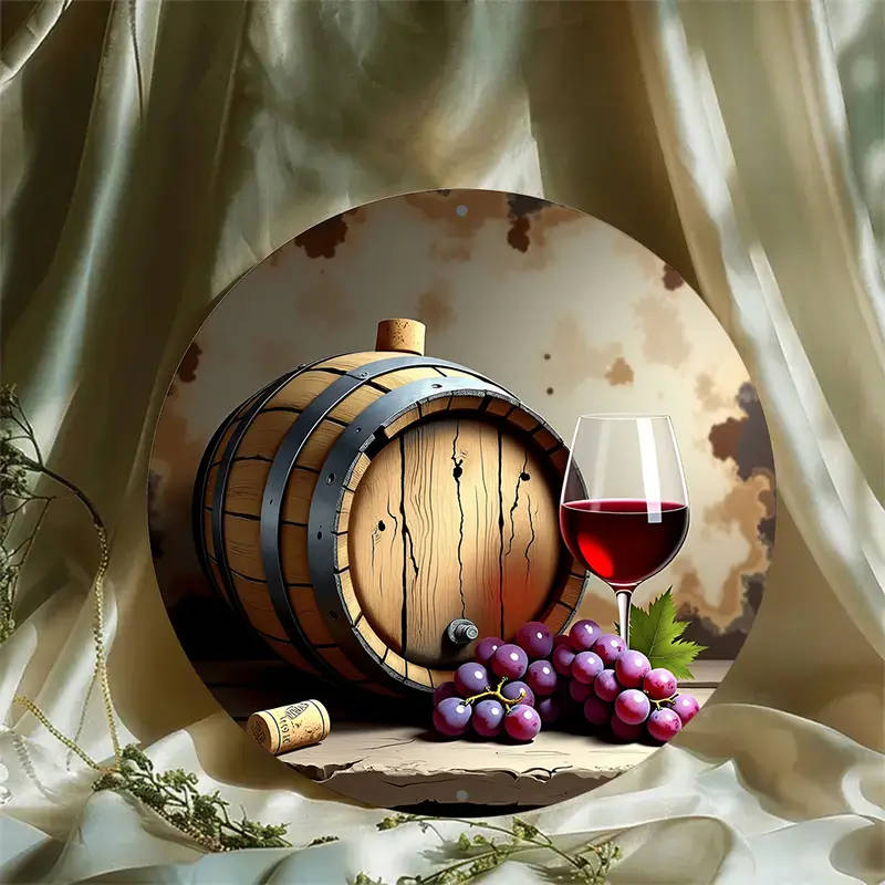 1pc 8-Inch Round Aluminum Sign Rustic Red Wine Wooden Barrel Design with Grapes Ideal for Holiday De