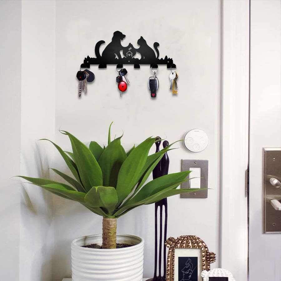 Whimsical Cat Dog Metal Wall Hook Rackcontemporary Black Silhouette Design With 6 Hooks For
