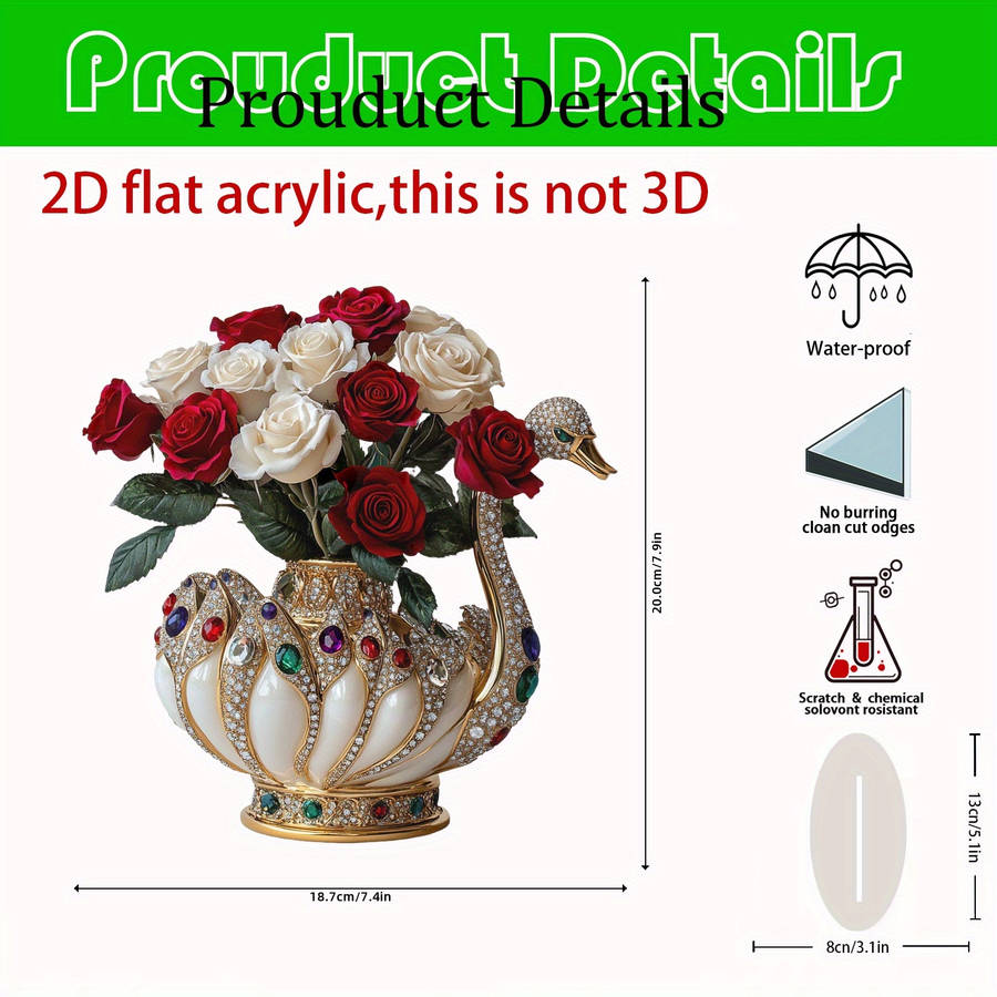 1pc 2D Flat  Elegance Swan Vase with Gemstone Embellishments White and Gold Acrylic Tabletop Deco