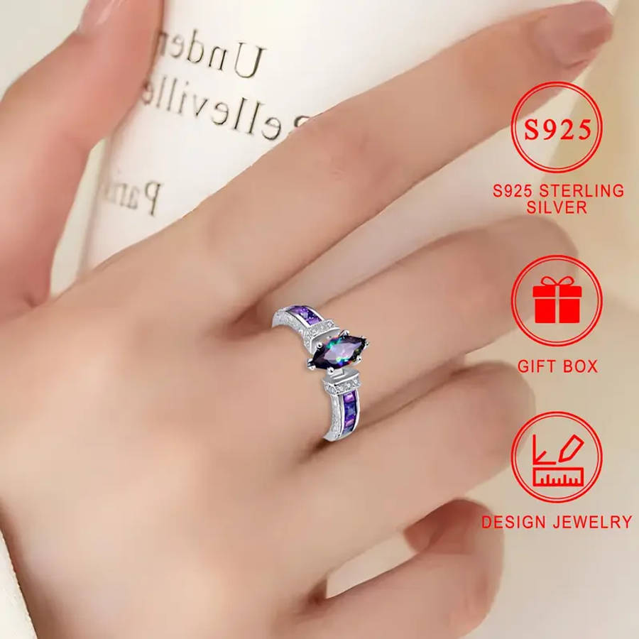 Colored Synthetic Zirconia Ring in Horse Eye Shape S925 Silver