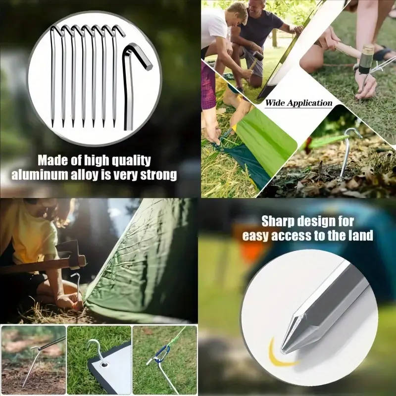 8 Pieces Metal Heavy Duty Tent Pegs with Hooks