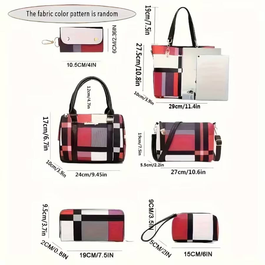 6Pcs Women Plaid Bag Set Tote Crossbody,Clutch Wallets