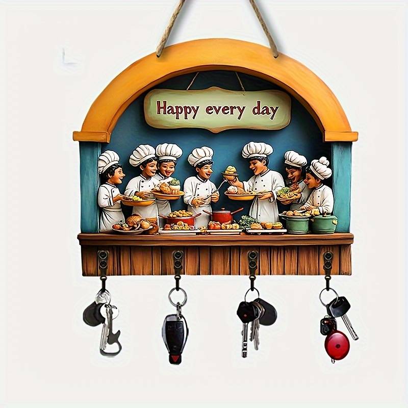 Colorful Wooden Key Holder with Four Metal Hooks"Happy Every Day" Chef Design 30.0cm x 24.99cm