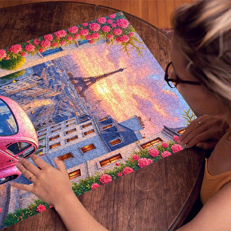 1000pcs Parisian Eiffel Tower Pink Car Jigsaw Puzzle Scratch-Resistant Waterproo