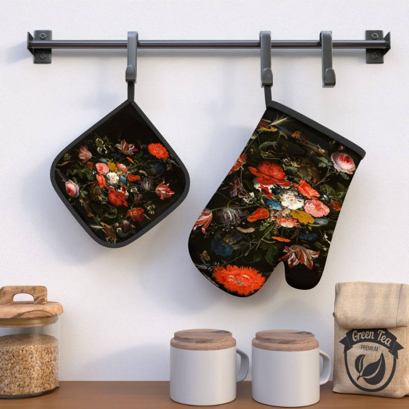 2pcs Floral Oven Mitts Pot Holders Heat Resistant Decorative Kitchen Gloves with Vibrant R