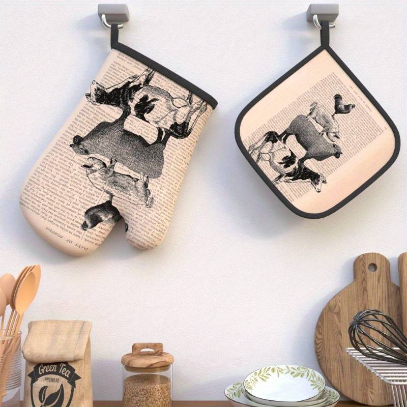 2pcs Vintage Farmhouse Kitchen Set 26.92x17.02 cm Oven Mitts Pot Holders with Chicken Pig