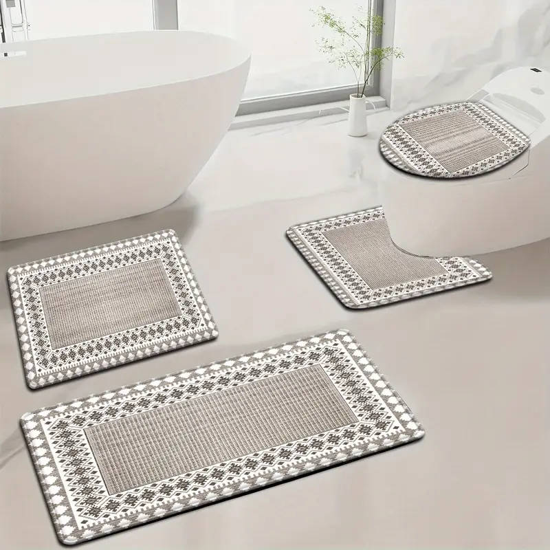 4-Piece Nordic Peach Diamond Check Bathroom Mat Set