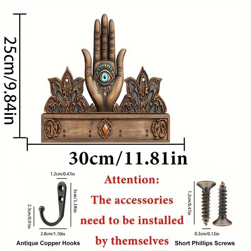 1pc Palm and All-Seeing Eye Simple and Colorful Wooden and Key Hook with Four Metal Hooks 30.0cm x