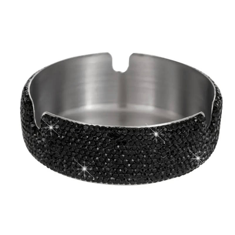 1pc Luxurious Stainless Steel Rhinestone Ashtray with Sparkling Red Blue Rims C Round Design