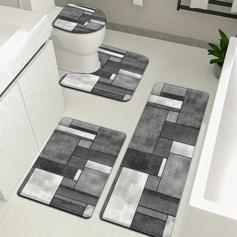 4-Piece Stylish Simple Grey Geometric Pattern Bathroom Mat Set
