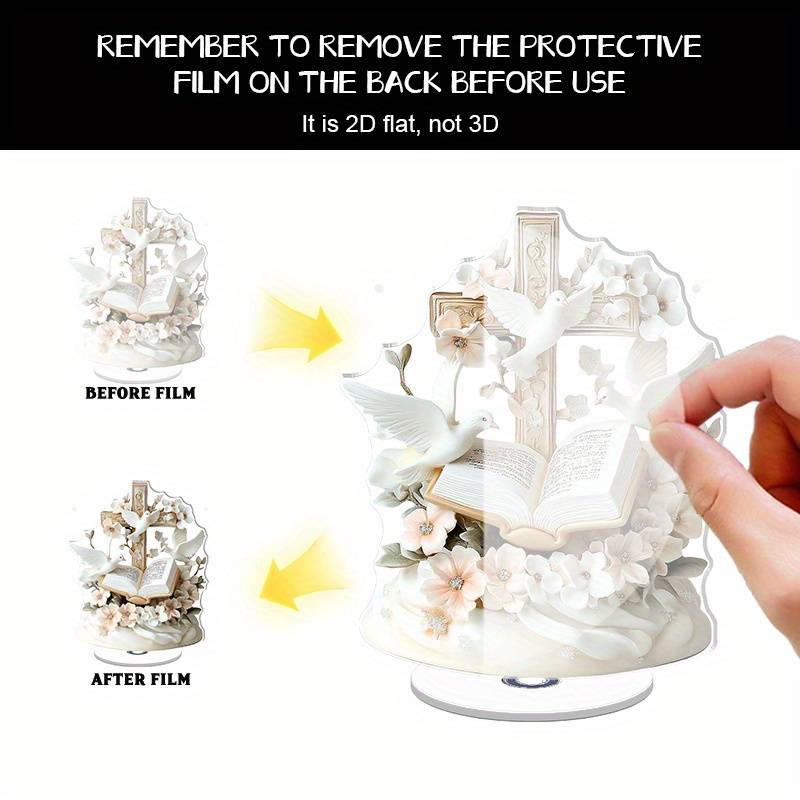 1pc 2D Flat  Acrylic 3D Cross Pendant with Doves Flowers and Open Bible Rotating Crystal Desktop