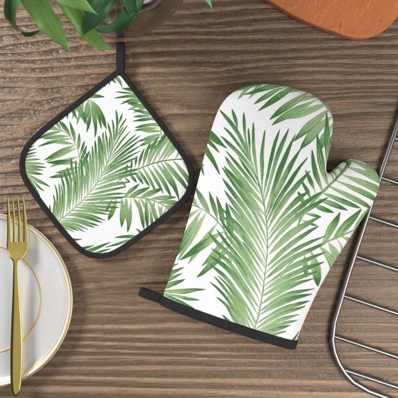 2pcs Summer Green Leaves Oven Mitts Pot Holders Set 26.92x17.02cm Heat Resistant Machine W