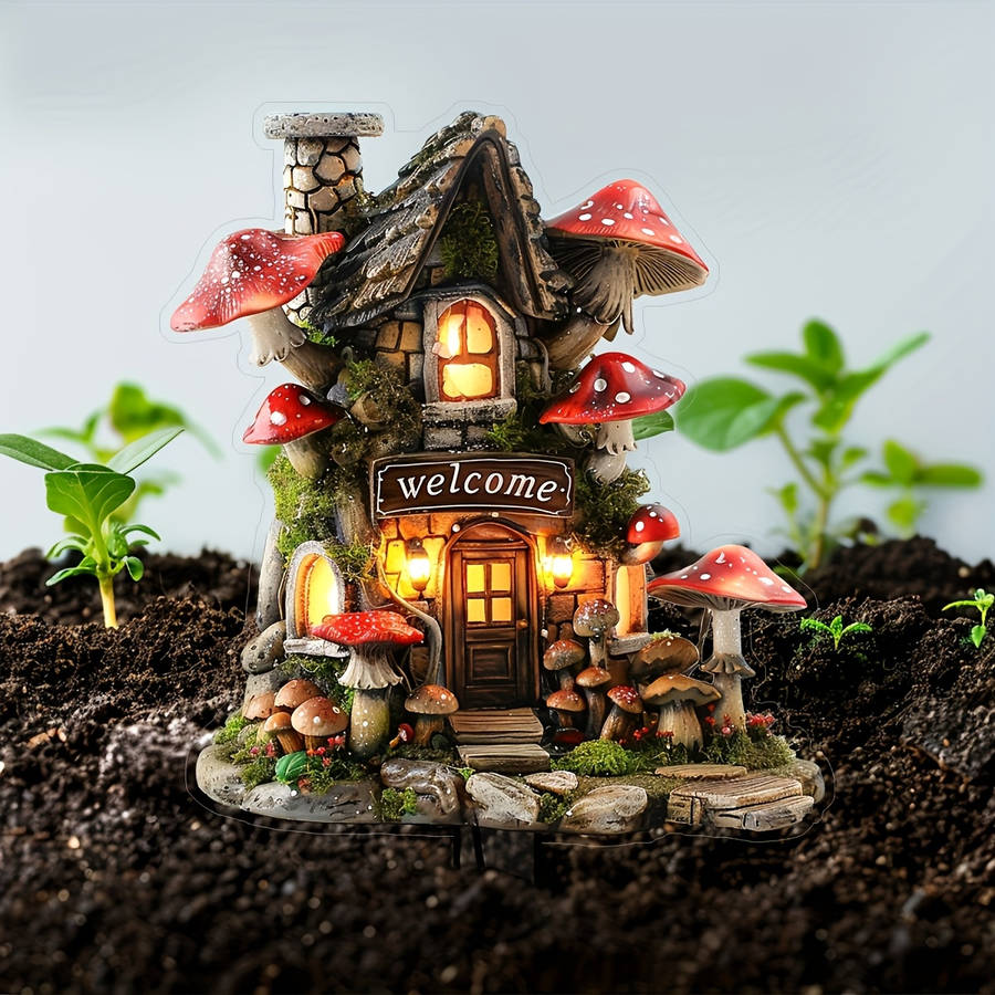 1pc 2D Flat    Acrylic Mushroom House Garden Insert Card Vibrant Red White Mushroom D