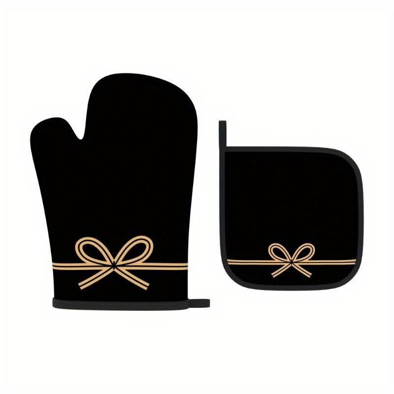 Set of 2 Heat-Resistant Oven Mitts And Pot Holders in Black Bow String Design Measuring 10.6 b