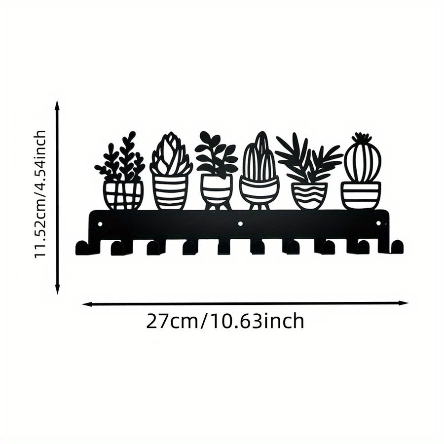 Contemporary Metal Key Holder with 10 Hooks Wall Mounted Keychain Organizer Succulent Plant Design