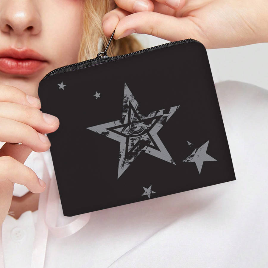 1pc Black Polyester Star Print Coin Purse with Keychain C 3D Pentagram Design Multi-Functional Zip