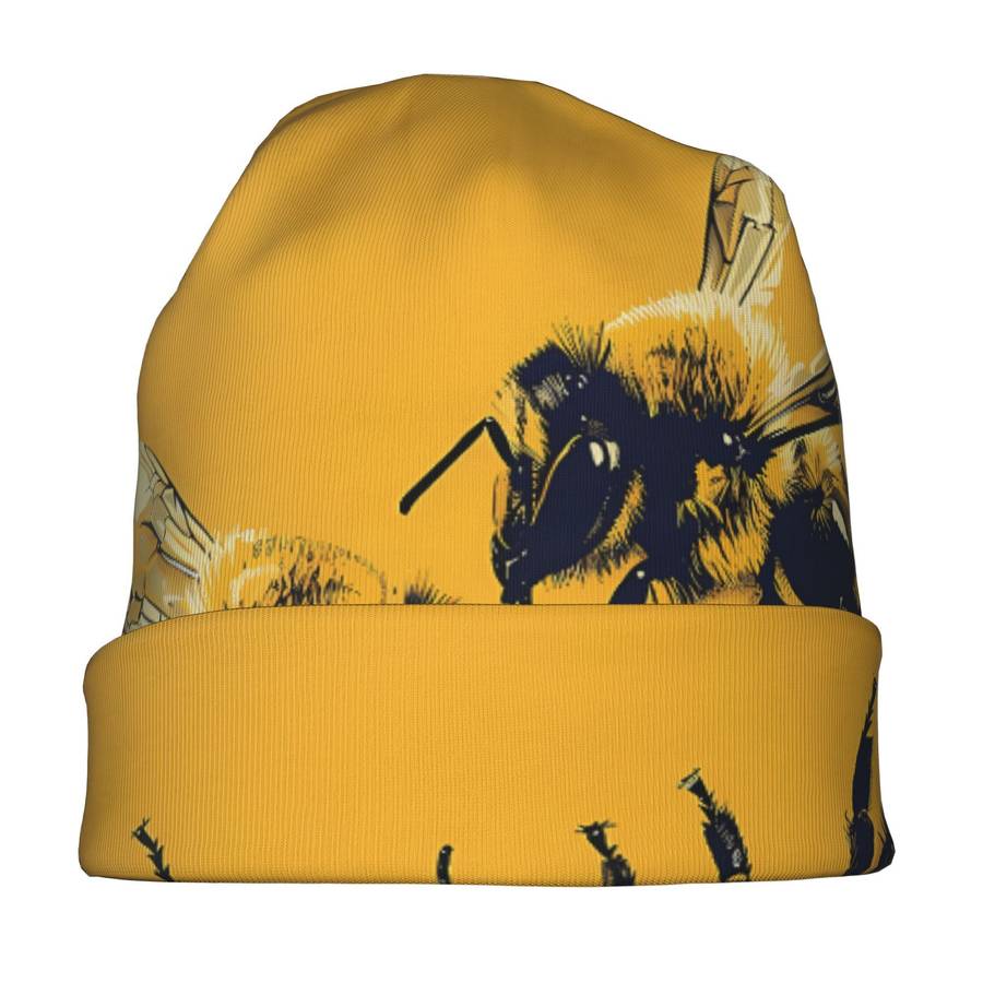 Fashionable Men'S Novelty Bee Print Beanie Hat Polyester Knit Skull Cap With Elastane No