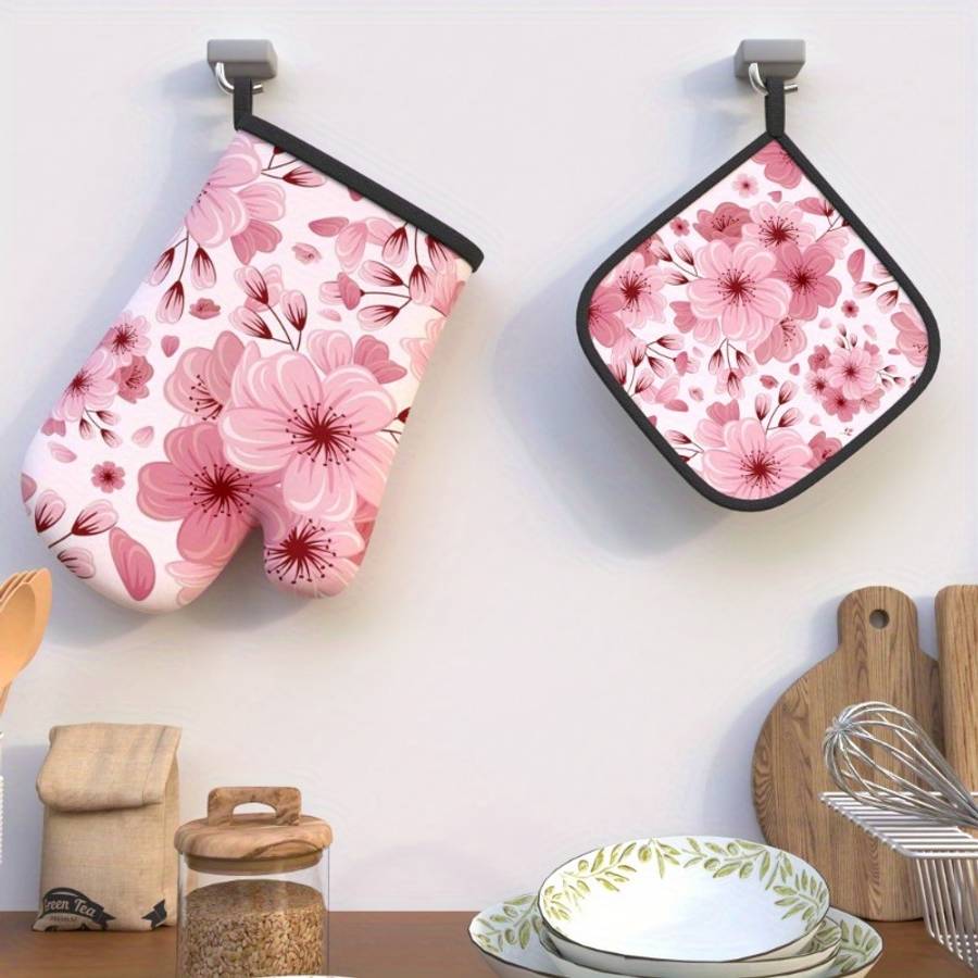 2pcs Pink Cherry Blossom Oven Mitts Pot Holders (26.92x17.02cm) Heat Resistant Polyester
