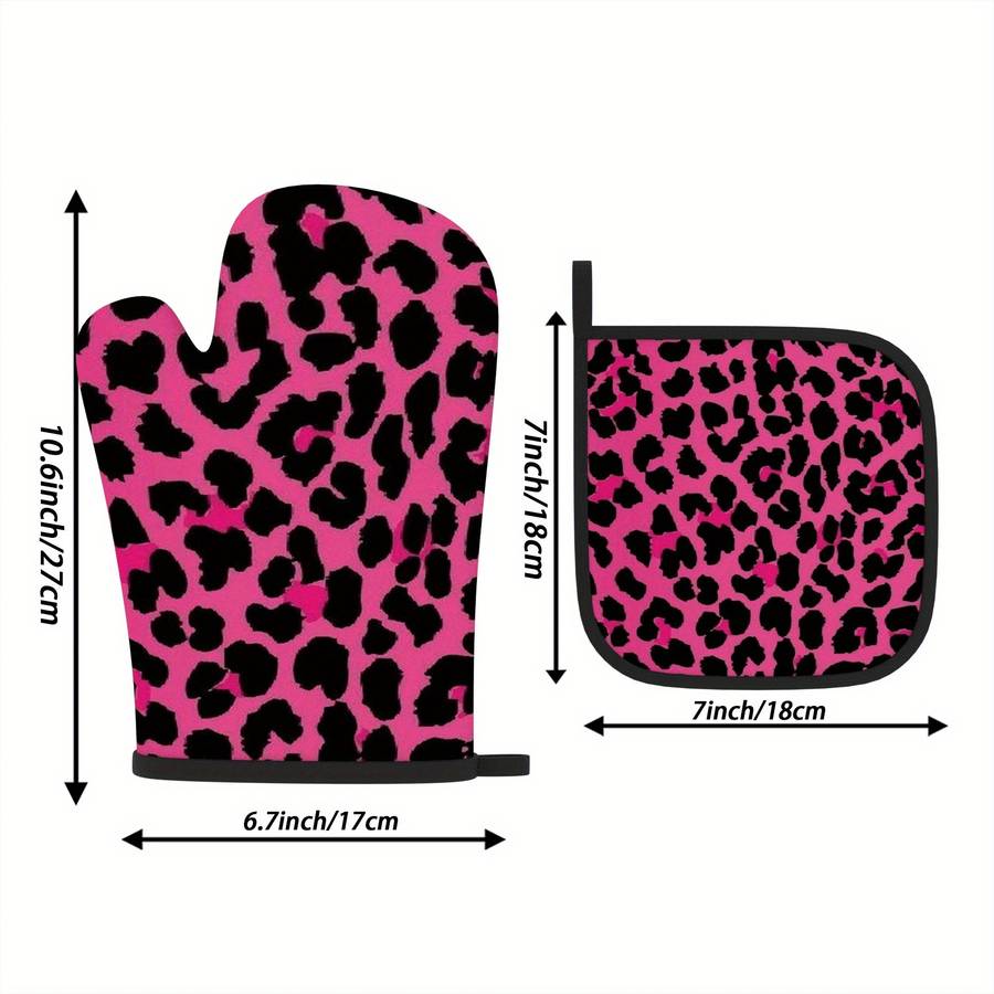 2pcs Pink Leopard Print Oven Mitts Heat Resistant Polyester Pot Holders with Black Paw Prints