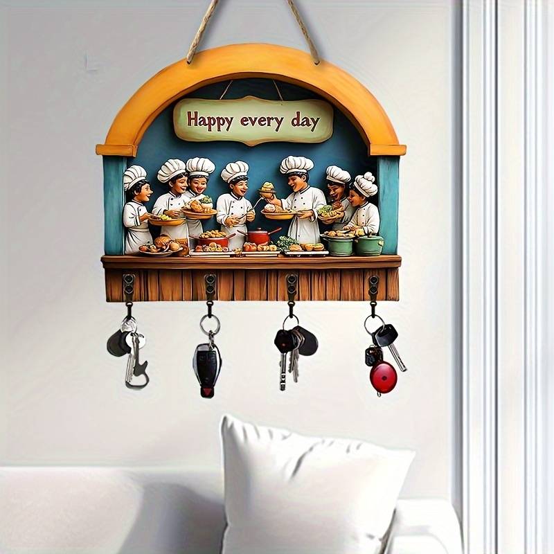 Colorful Wooden Key Holder with Four Metal Hooks"Happy Every Day" Chef Design 30.0cm x 24.99cm