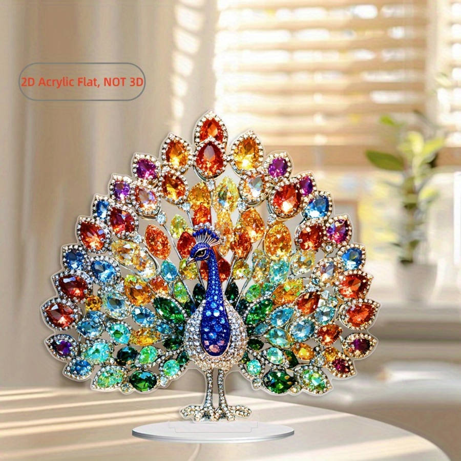 1pc 2D Flat  Vibrant  Acrylic Peacock Tabletop Display with Base Colorful Gemstone Design 18.3