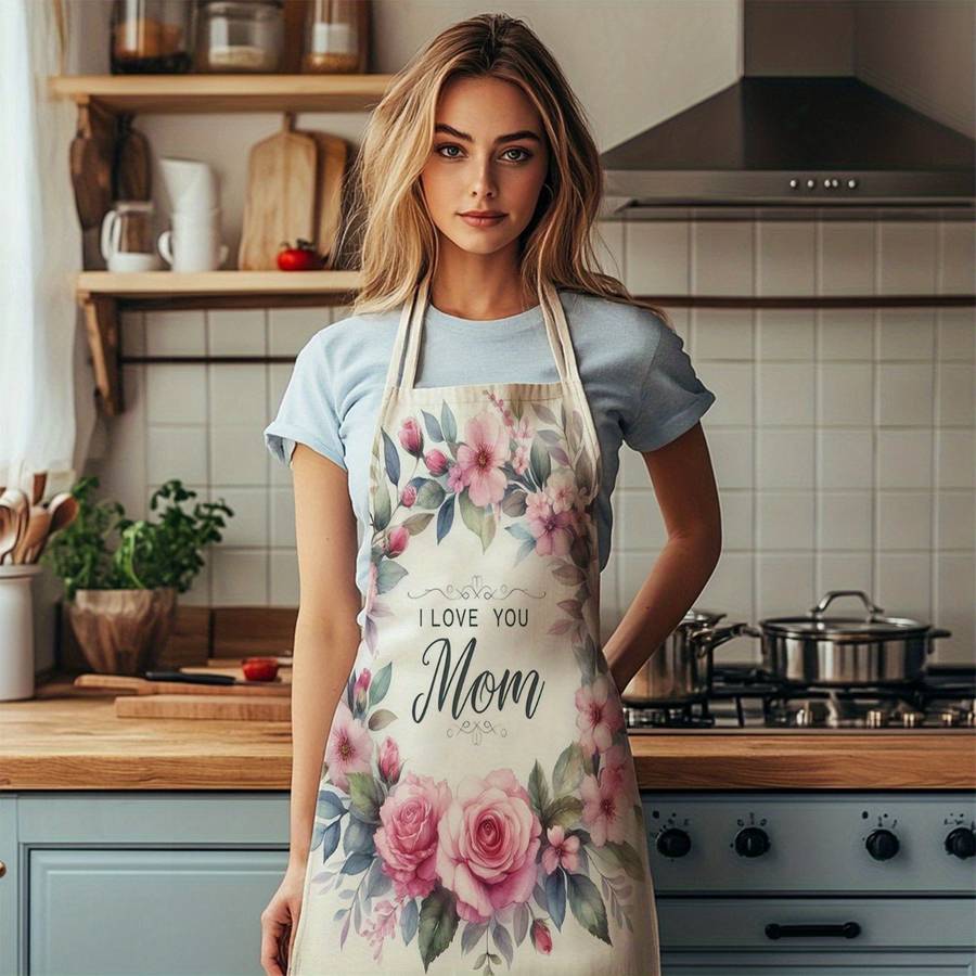 1pc Single-Piece Apron Floral Design with "I Love You Mom" Message Durable Polyester Unisex Kitc
