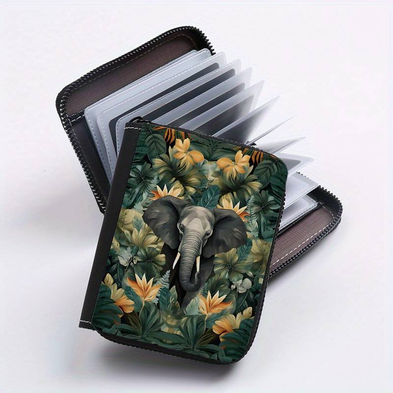 1pc Jungle Elephant Print Clutch Bag Casual Zipper Card Holder with 24 Card Slots Multi-card