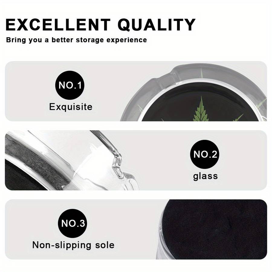 1pc Round Clear Glass Ashtray Black Background with Tri-color Geometric Plant Design Modern Desk