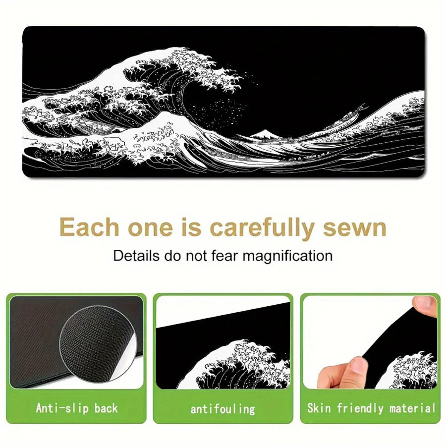 1pc 30x80cm Gaming Mouse Pad Black and White Wave Design Non-Slip Rubber Base