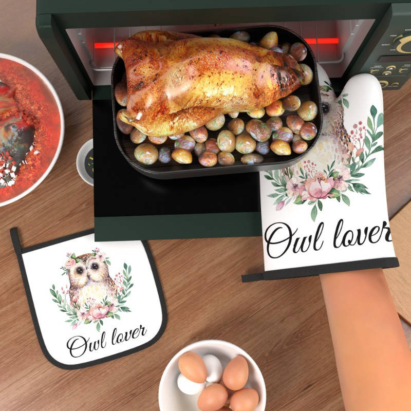 2pcs Set Owl Lover Themed Polyester Oven Mitts and Pot Holders 26.92x17.02 cm Heat Resistant