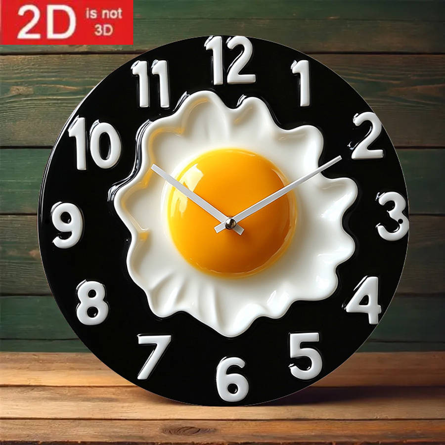 1pc 2D Flat 2D Flat Design Wooden Wall Art Breakfast Theme with Black Background Not real clock