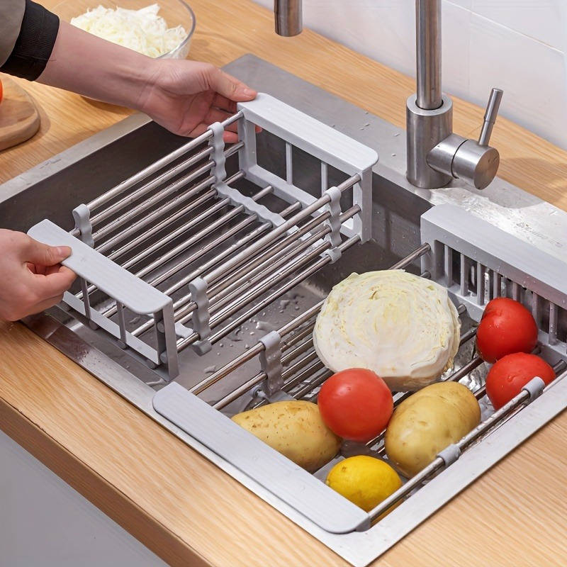 1pc Expandable Stainless Steel Over-The-Sink Dish Rack Drainer Basket Collapsible Kitchen Organ