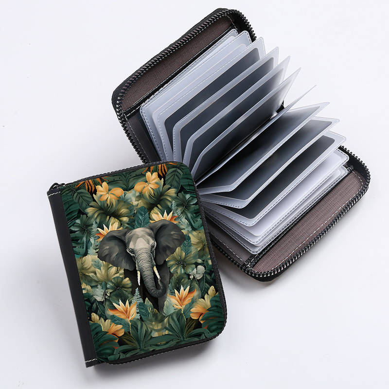 1pc Jungle Elephant Print Clutch Bag Casual Zipper Card Holder with 24 Card Slots Multi-card