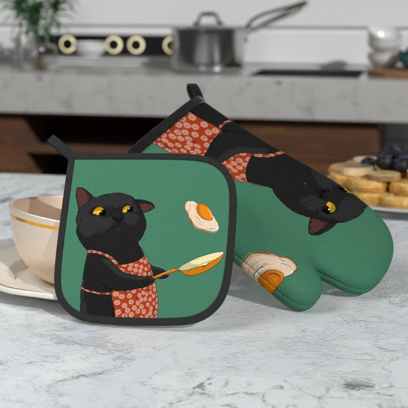 2pcs Cute Black Cat Oven Mitts Pot Holders Heat Resistant Polyester Machine Washable Pl