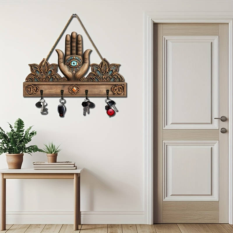 1pc Palm and All-Seeing Eye Simple and Colorful Wooden and Key Hook with Four Metal Hooks 30.0cm x