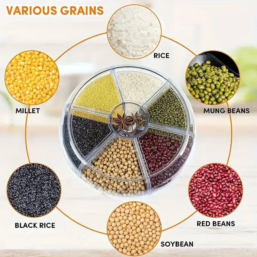 6-Compartment Rotating Rice Bucket with Transparent Lid Large Capacity Grain Storage Containe