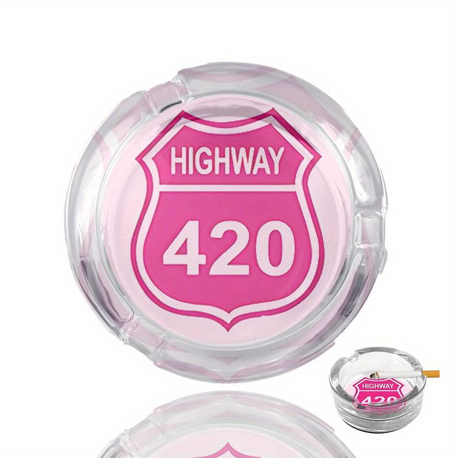 1pc Round Clear Glass Ashtray with Anti-Slip Base "Highway 10.67meter Pink Sign Design Modern De
