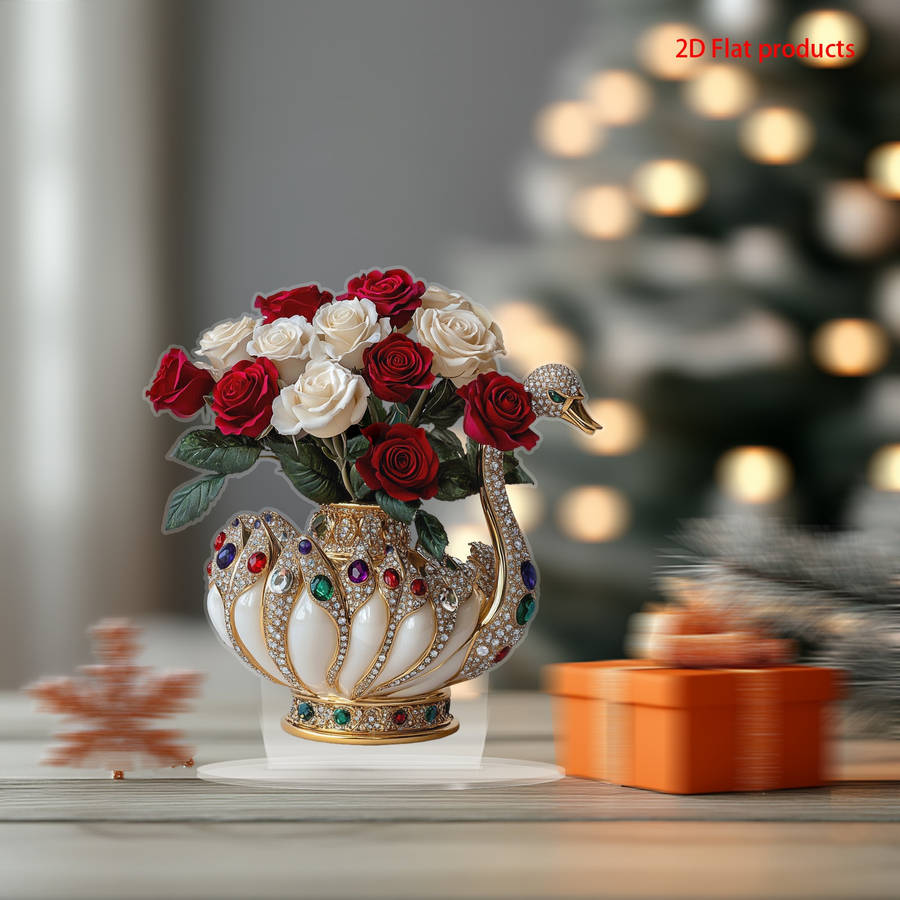 1pc 2D Flat  Elegance Swan Vase with Gemstone Embellishments White and Gold Acrylic Tabletop Deco