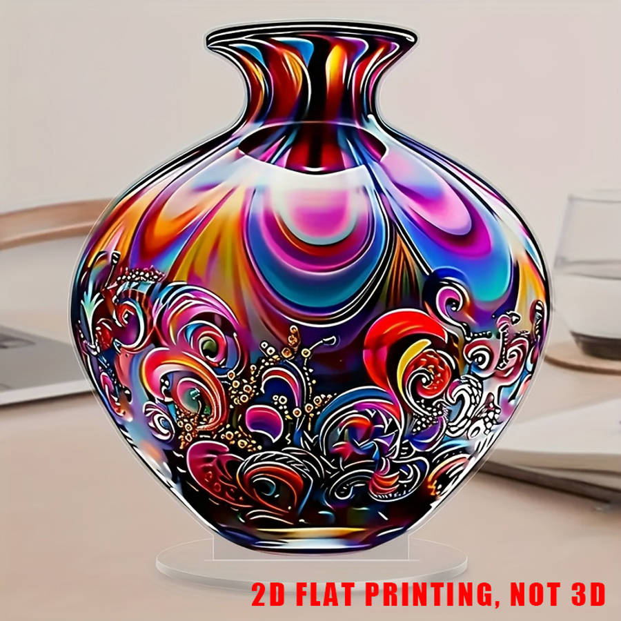 2D Flat Acrylic Vase Vibrant Floral Swirl Design High-Quality Acrylic Desktop Decor