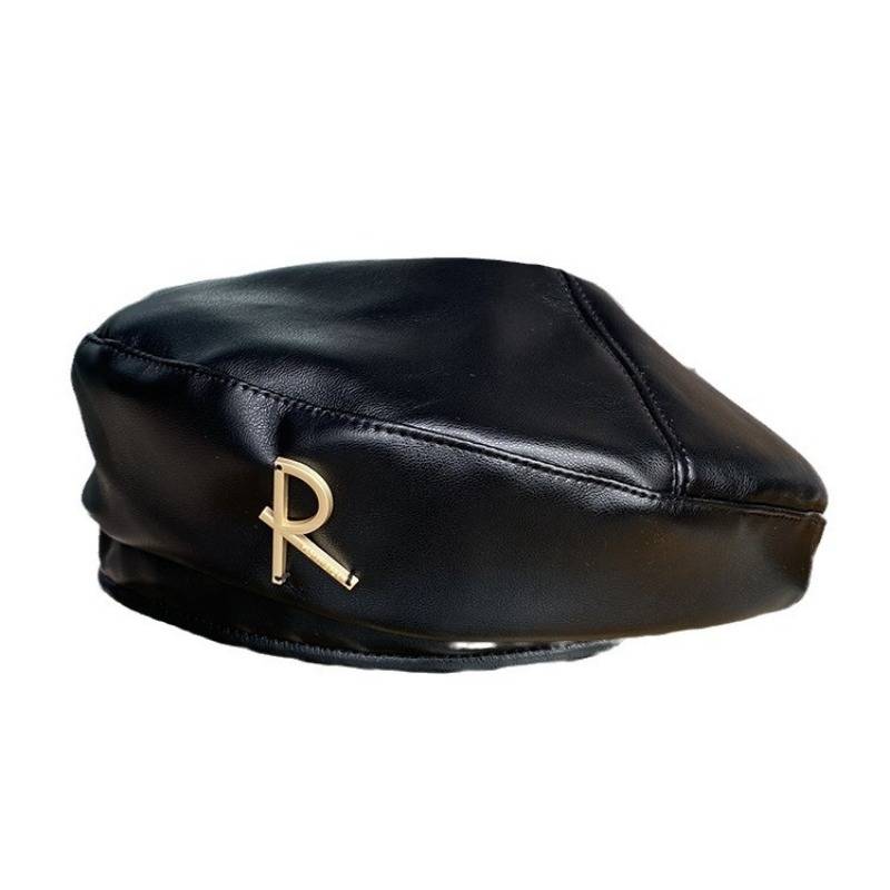 1pc Men'S Women'S Stylish Black White Letter R Beret Hat Lightweight Polyester Vintage-In