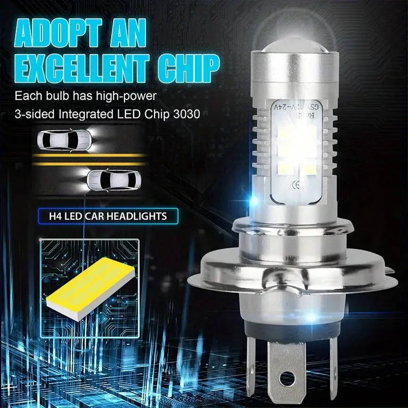 2Pcs H4 LED Headlights Car Fog Waterproof LED Bulb 6000K