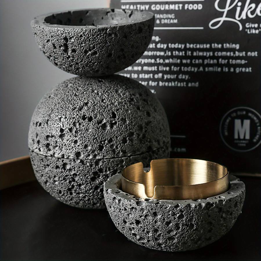 1pc Moon-Shaped Windproof Ashtray with Lid C Stylish Concrete Stainless Steel Design Golden