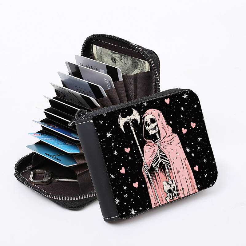 1pc Grim Reaper Pink Skull Print Wallet with 9+2 Card Slots C Stylish Zippered Purse for Everyday U