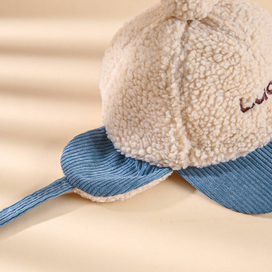Unisex Winter Warm Fleece-Lined Baseball Cap Cartoon Themed Ear Warmer Knit Polyester Fabric
