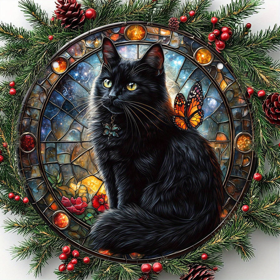 Black Cat Theme Sun Catcher Acrylic Round Wreath Logo Retro