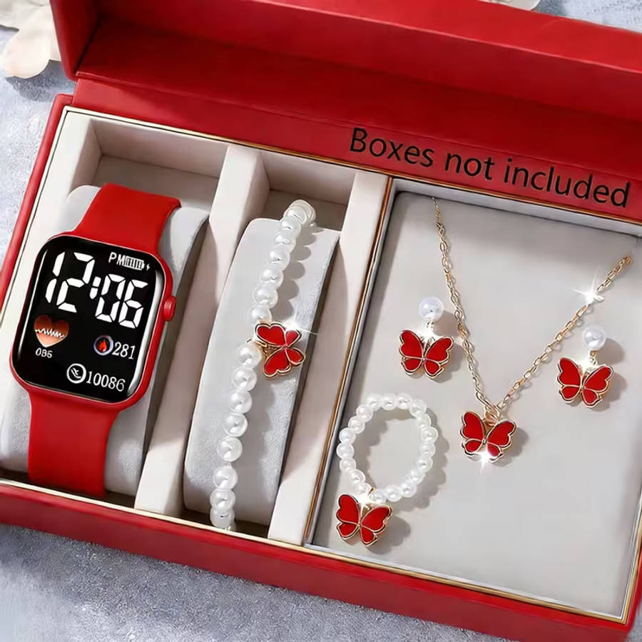 6Pcs Ladies Watch Jewelry Gift Set Square Design